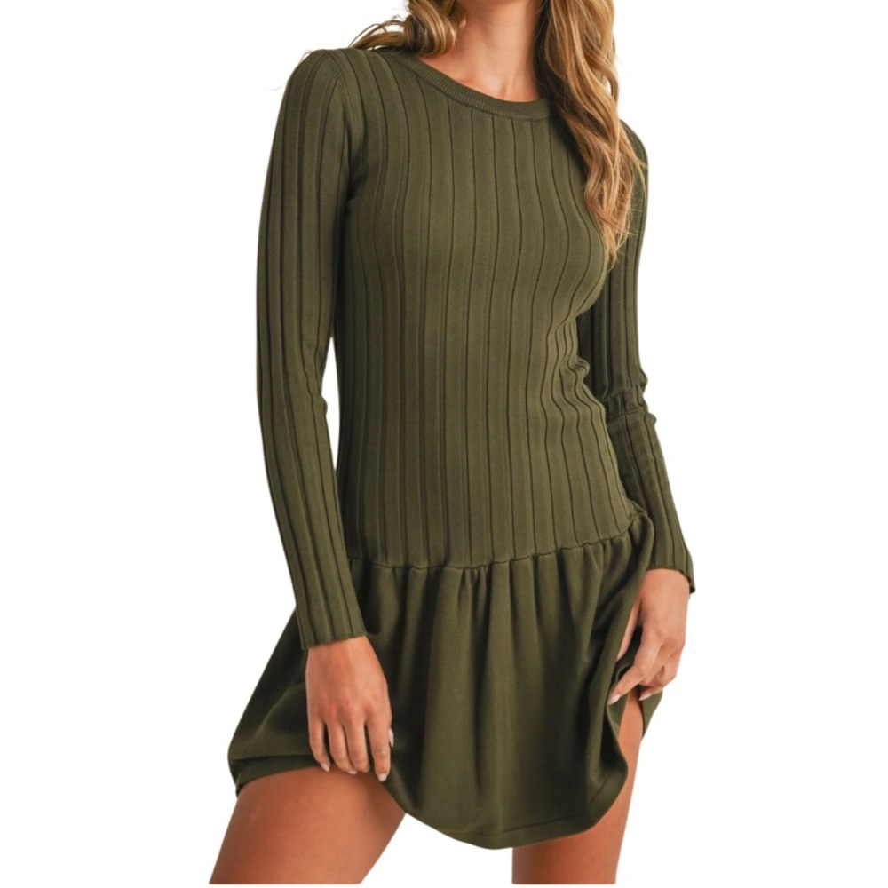 Klesis Olive Ribbed Stretchy Crewneck Drop
Waist Flared Sweater Dress Womens S